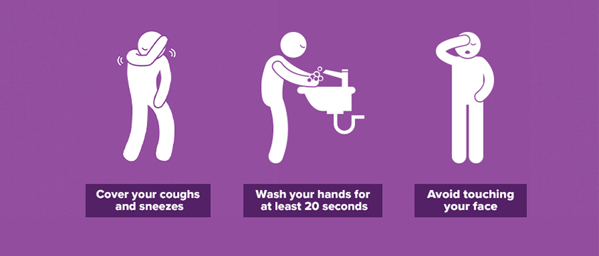 Cover your coughs and sneezes. Wash your hands for at least 20 seconds. Avoid touching your face. 